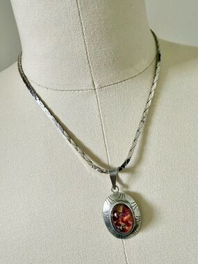 Vintage 925 Mexico TP-49 Sterling Fire Opal Pendant Necklace Mexican Silver